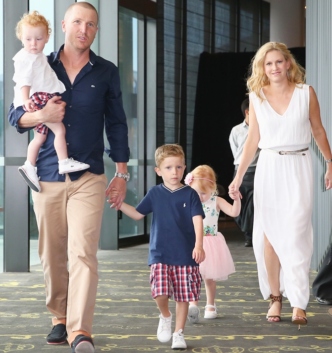 Brad Haddin of Australia poses with his wife Karina Haddin and children Mia, Hugo and Zac