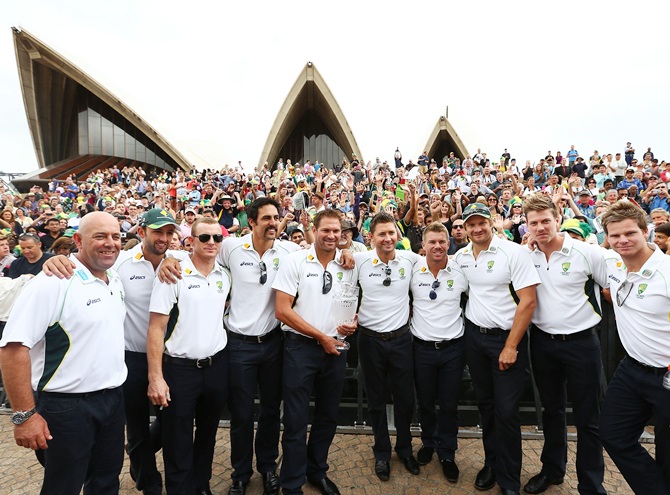 Australia's Ashes team poses during the celebrations at Sydney Opera House