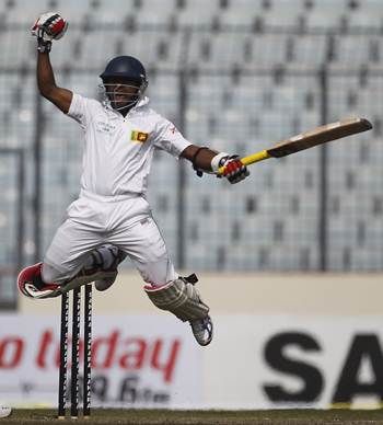 Kaushal Silva celebrates after scoring his maiden Test hundred