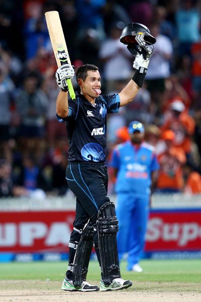 Ross Taylor celebrates after completing his hundred