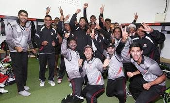 Members of the United Arab Emirates team celebrate after qualifying for the World Cup