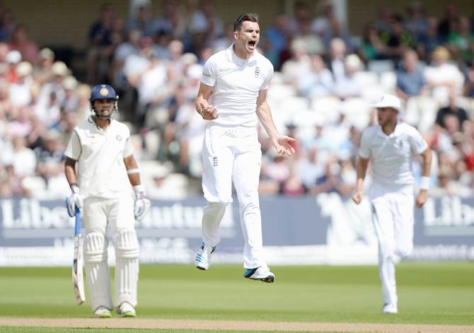 England pacer james Anderson celebrates after dismissing India opener Shikhar Dhawan