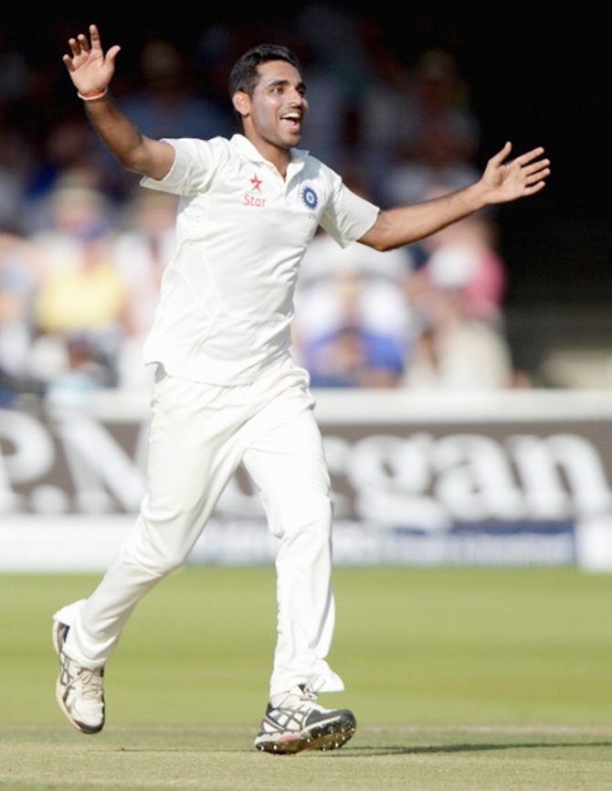 Bhuvneshwar Kumar celebrates dismissing England batsman Gary Ballance on Day 2 of the second Test at Lord's
