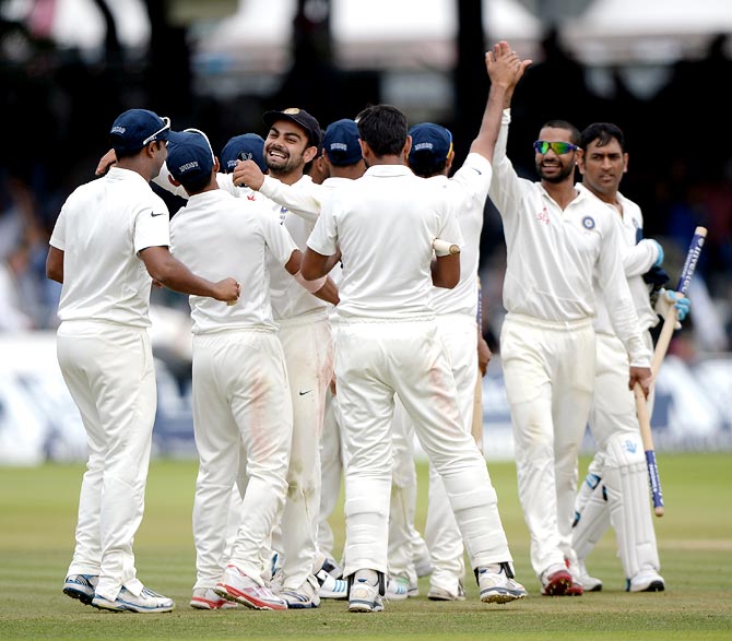 India's players celebrate after winning the Lord's Test
