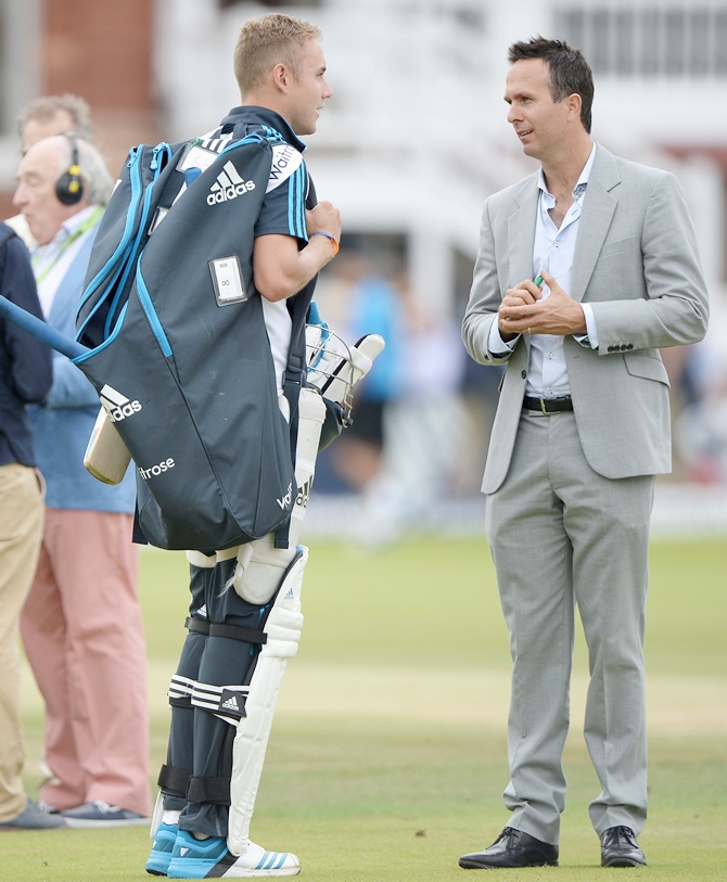 Test Match Special commentator Michael Vaughan speaks with England pacer Stuart Broad