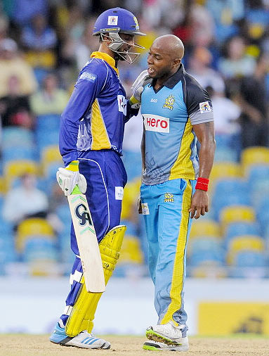 Shoaib Malik and Tino Best are involved in an altercation during their CPL match on Wednesday