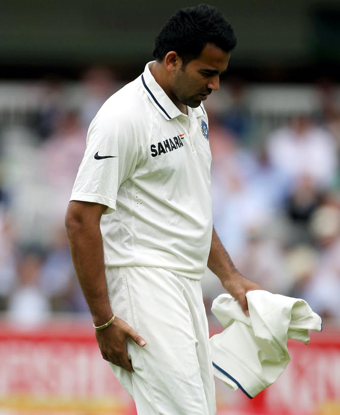 Zaheer Khan leaves the field during Day 1 of the first Test against England at Lord's on July 21, 2011. He didn't play the rest of the series.