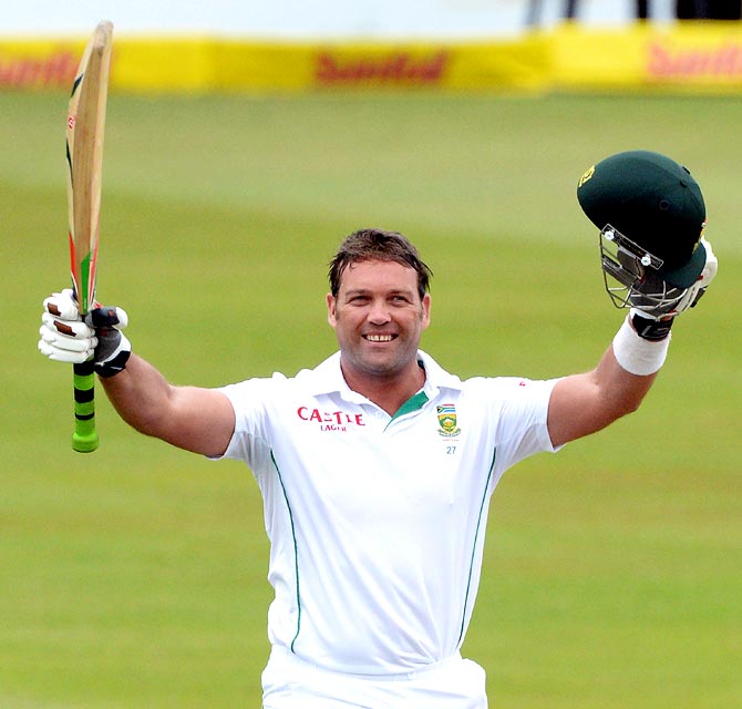 Jacques Kallis of South Africa celebrates his 45th century in his final Test match, against India in Durban on December 29, 2013