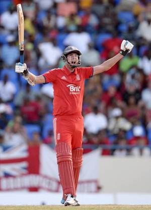 England captain Stuart Broad celebrates hitting the winning runs in the second One Day International against West Indies