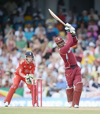 Marlon Samuels of the West Indies bats during the 1st T20 International against England at Kensington Oval on Sunday