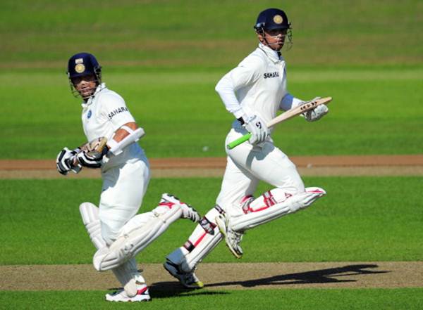 Sachin Tendulkar (left) and Rahul Dravid pick runs during Day 2 of the tour match between Somerset and India at the county ground on July 16, 2011 in Taunton, England