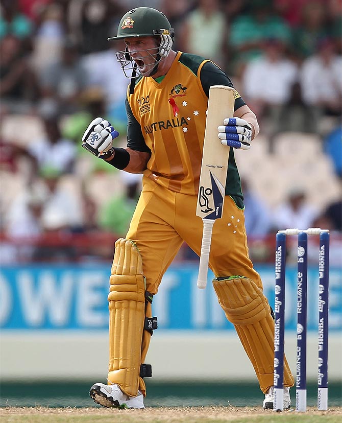 Michael Hussey of Australia celebrates the win against Pakistan at the Beausjour Cricket Ground