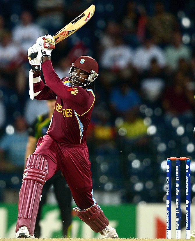 Chris Gayle of the West Indies hits out for six runs during the 2012 ICC World Twenty20 semi-final against Australia