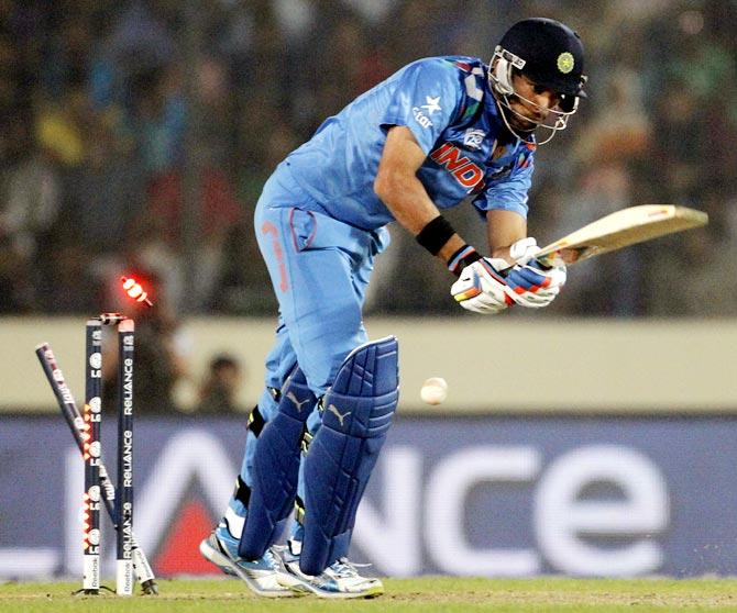 Yuvraj Singh is bowled by Pakistan's Bilawal Bhatti 