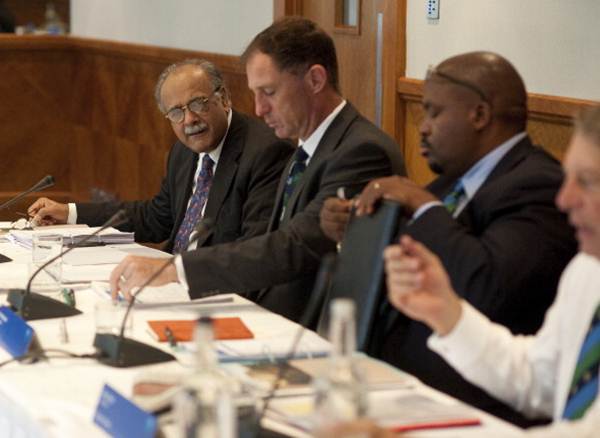 Pakistan's Najam Sethi (extreme left) during the ICC Board Meeting at The Royal Garden Hotel on October 18, 2013 in London, England