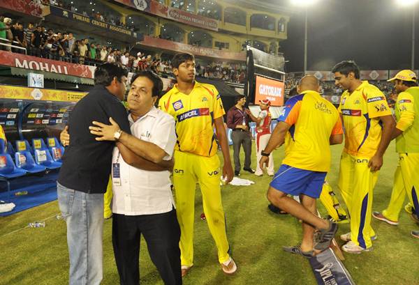 Gurunath Meiyappan with former IPL chairman Rajiv Shukla in the Chennai Super Kings dug out