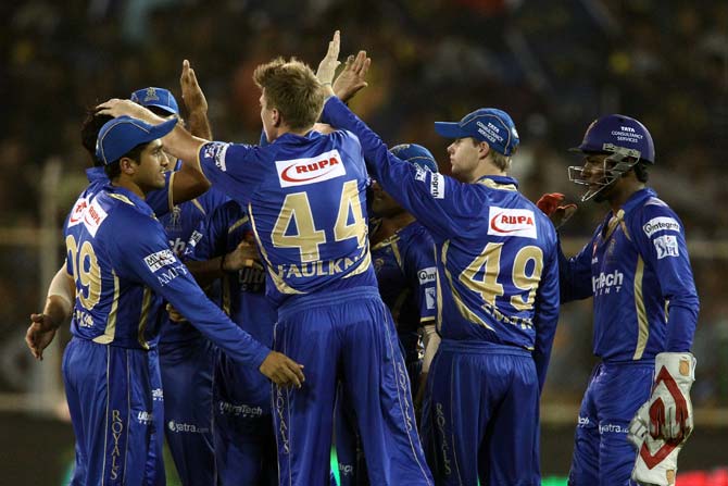 Rajasthan Royals players celebrate the wicket of Aaron Finch