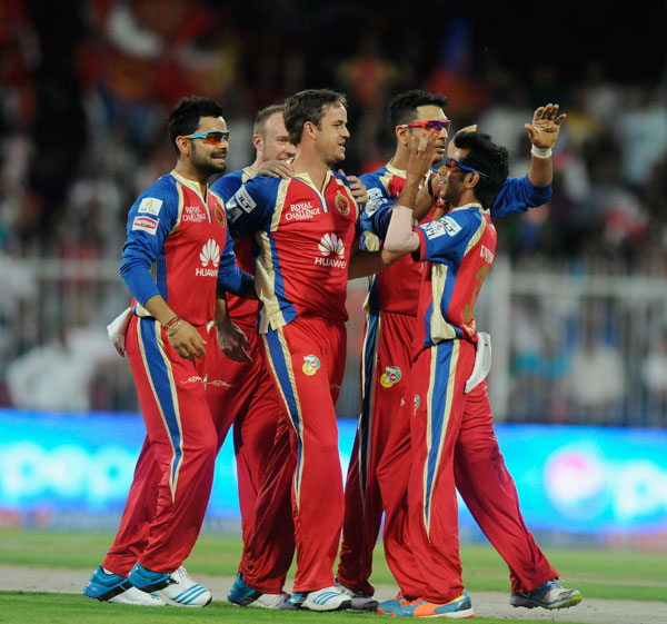 Royals Challengers Bangalore players celebrate a wicket