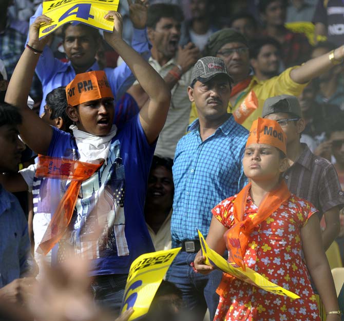 Fans show their support for Narendra Modi during the IPL match in Ahmedabad.