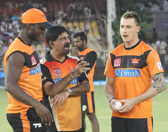 From left, Sunrisers Hyderabad Darren Sammy with K Srikant and Dale Steyn