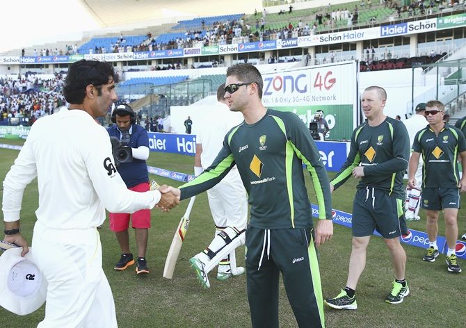Misbah-ul Haq of Pakistan and Michael Clarke of Australia shake hands