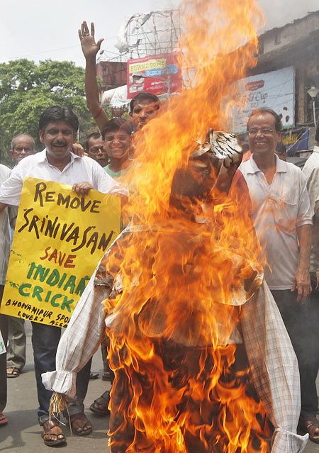 In this file photo, protestors shout slogans against former BCCI chief N Srinivasan in Kolkata