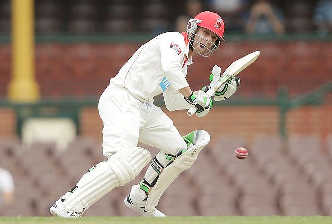 Phillip Hughes of South Australia bats on Day 1 of the Sheffield Shield match between New South Wales and South Australia before getting hit at Sydney Cricket Ground on Tuesday