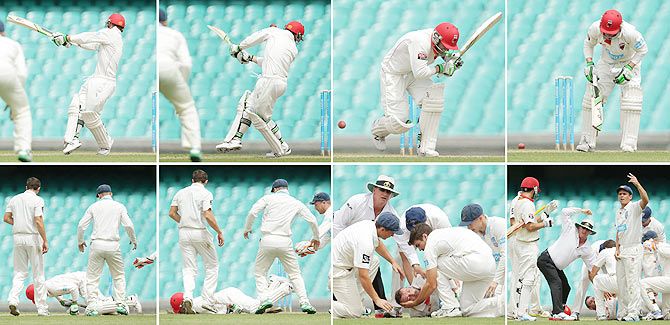 This sequence of images shows Phillip Hughes of South Australia as he is struck on the head