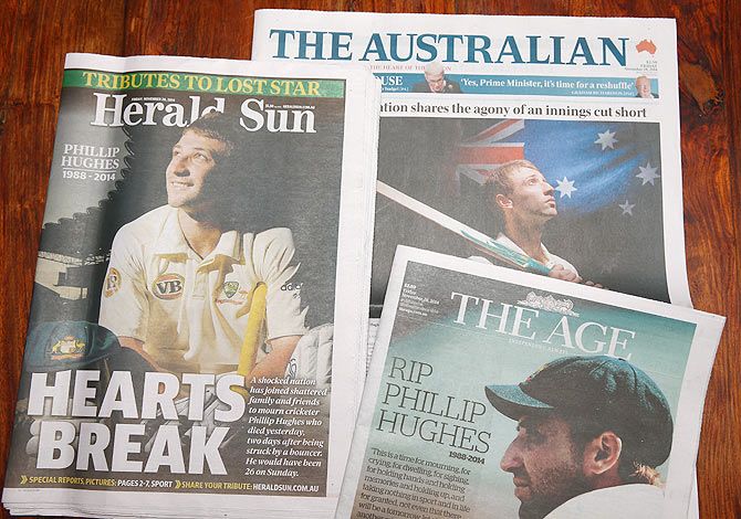 Front pages of the Melbourne daily newspapers showing headlines surrounding the death of Phillip Hughes