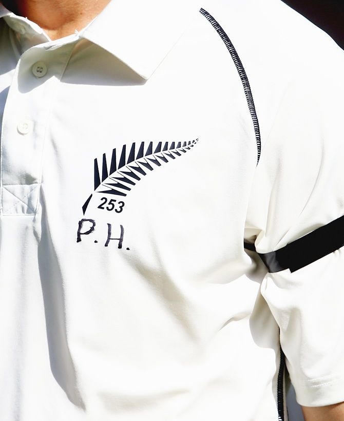 A shirt worn by a player of New Zealand displays the initials PH in memory of Australian   cricketer Phillip Hughes