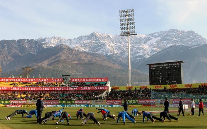  The Indian team warm up during their nets session in Dharamsala