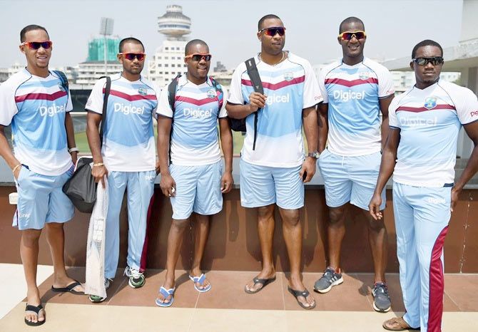 West Indies' players are seen during practice in Mumbai