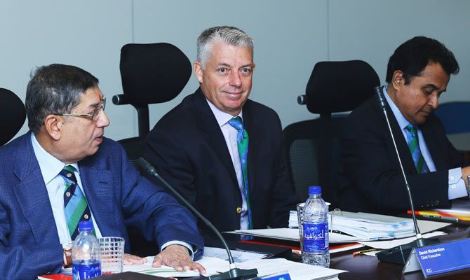 N Srinivasan, ICC Chairman, David Richardson, ICC Chief Executive and Mustafa Kamal during the ICC Board Meeting at the ICC headquarters in Dubai on November 10, 2014