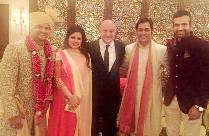 Suresh Raina with guests that included Sakshi Dhoni, actor Anuapam Kher, capain Mahendra Singh Dhoni and former India teammate Irfan Pathan