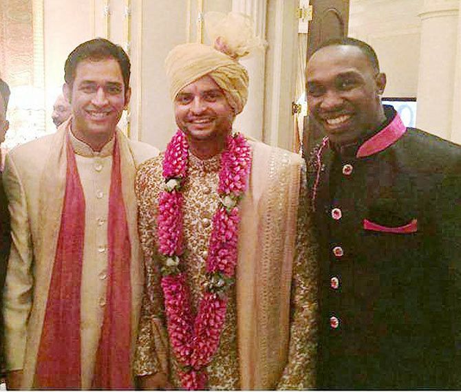 The bridegroom Suresh Raina is flanked by India's One-day captain Mahendra Singh Dhoni and Chennai Super Kings teammate Darren Bravo