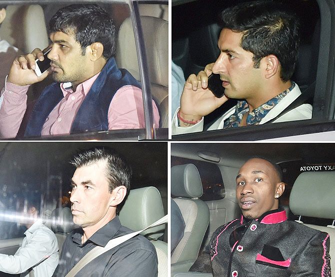 (Clock wise from top left) Wrestler Sushil Kumar, cricketers Mohit Sharma, Stephen Fleming and Dwayne Bravo arrive to attend Suresh Rainas wedding ceremony on Friday