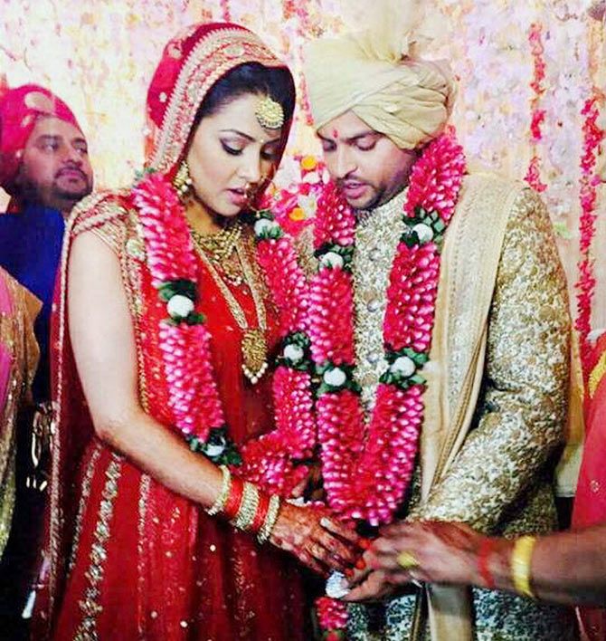 Cricketer Suresh Raina and Priyanka during their wedding ceremony in New Delhi on Friday