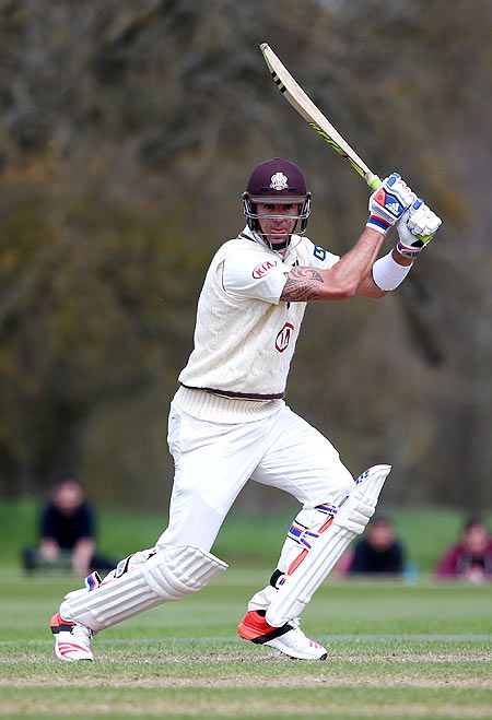 Kevin Pietersen of Surrey hits a shot through the covers on Day 1 of the friendly match between Oxford MCCU and Surrey at The Parks, in Oxford, England, on Sunday