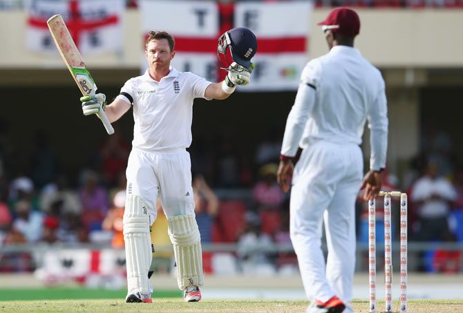 Ian Bell of England celebrates reaching his century against the West Indies on Day 1 of the 1st Test at the Sir Vivian Richards Stadium in Antigua on Monday