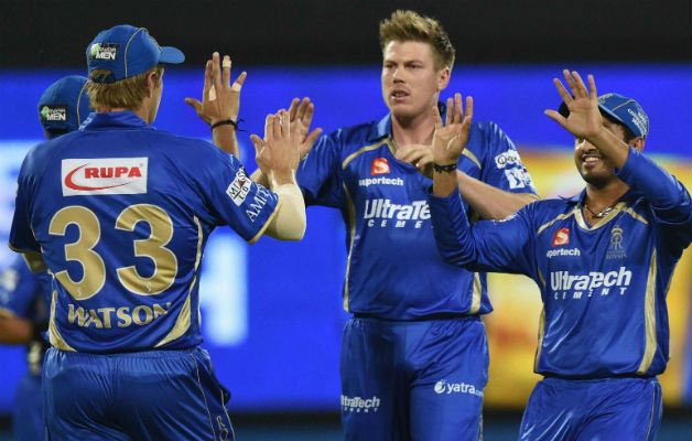 Rajasthan Royals' Tim Southee celebrates a wicket with teammates
