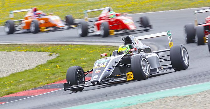 Van Ammersfoort Formula Four driver Mick Schumacher of Germany drives during the second race of the ADAC F4 season at the Motorsport Arena in Oschersleben, Germany