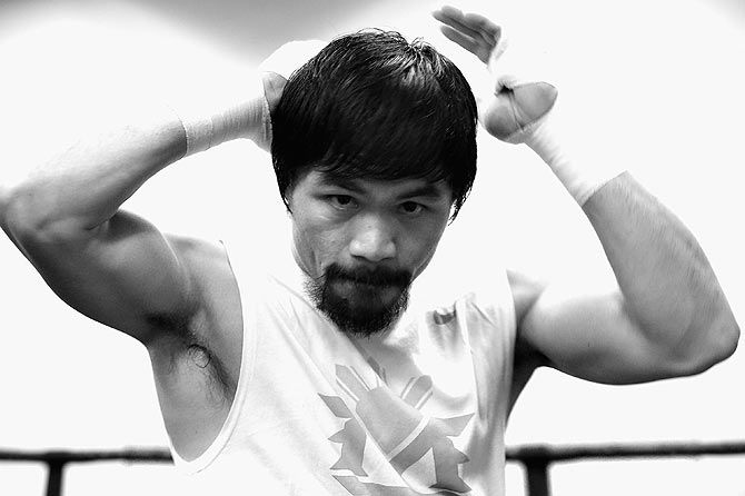 Manny Pacquiao trains in preparation for his fight against Floyd Mayweather Jr. at the Wild Card Boxing Club in Los Angeles, California