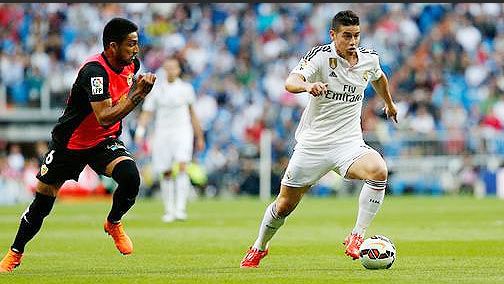 James Rodriguez in action against Almeria during their La Liga match at the Santiago Bernabeu stadium in Madrid on Wednesday