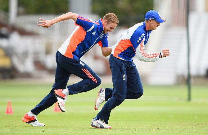England's Joe Root and Stuart Broad run a race during a nets session at Trent Bridge in Nottingham on Tuesday
