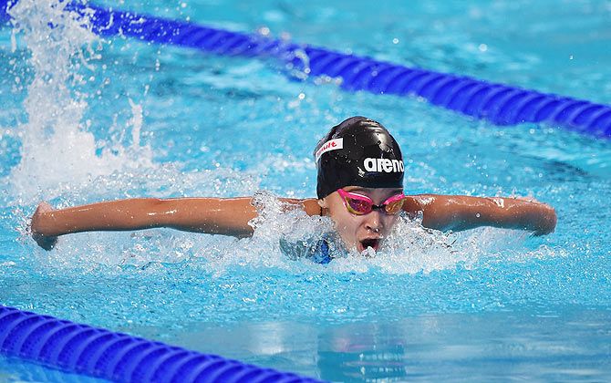 Bahrain's Alzain Tareq competes in the Women's 50m butterfly heats on Friday