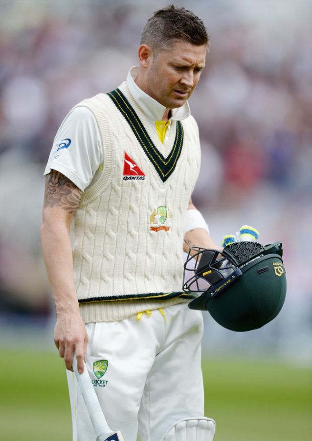 Australian captain Michael Clarke leaves the field after being dismissed by England's Stuart Broad on day one of the 4th Ashes Test at Trent Bridge on Thursday