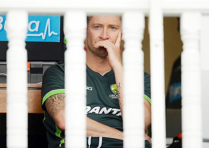 Australia's Michael Clarke looks dejected in the dressing room at Trent Bridge on Friday