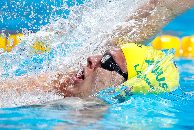 Mitch Larkin of Australia competes in the Men's 200m Backstroke final on day fourteen of the 16th FINA World Championships at the Kazan Arena on Friday