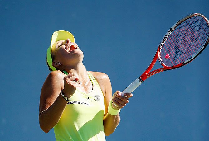 Germany's Angelique Kerber celebrates after defeating Czech Republic's Karolina Pliskova in the Bank of the West Classic final at Stanford University Taube Family Tennis Stadium in Stanford, California, on Saturday