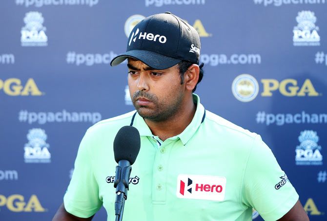 Anirban Lahiri of India chats with the media after a five-under par 67 during the continuation of the weather-delayed second round of the 2015 PGA Championship at Whistling Straits in Sheboygan, Wisconsin, on Saturday